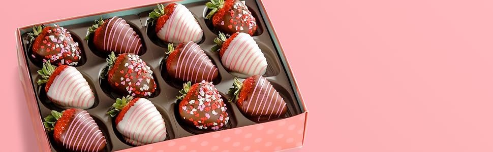 Love Berries Valentine's Day 12 Count Berries Short Banner in Open Box Heart Sprinkles Chocolate Dip